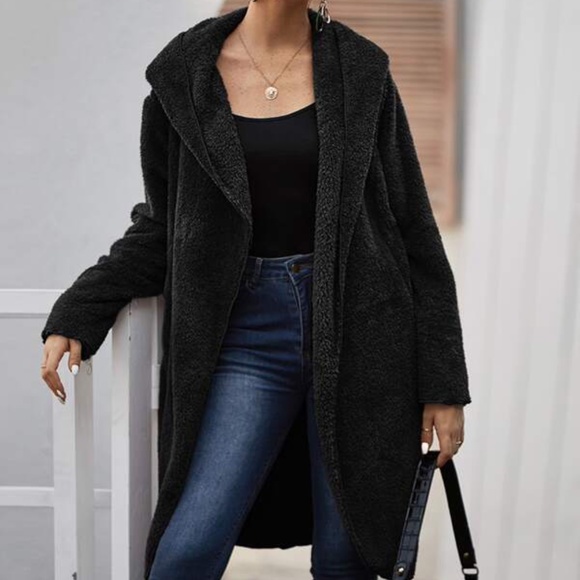 Cozy Black oversized Open Front Hoodie Teddy Jacket - Picture 1 of 11